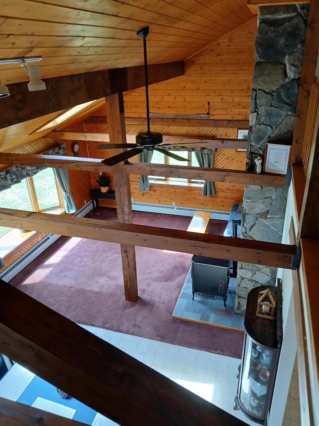interior details featuring a ceiling fan, wooden walls, and wood ceiling