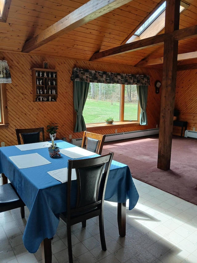 carpeted dining area with wooden ceiling, wooden walls, lofted ceiling with skylight, and a baseboard heating unit