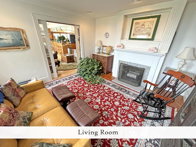 living area with wood finished floors and a fireplace