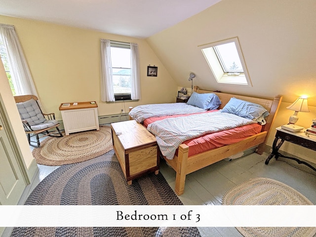 bedroom with vaulted ceiling with skylight, baseboards, a baseboard radiator, and hardwood / wood-style floors