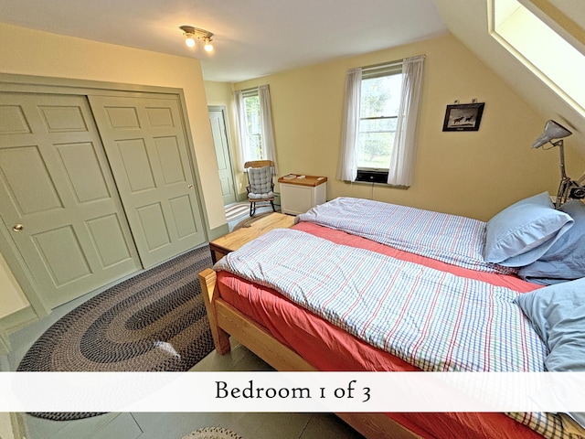 bedroom with a closet, wood finished floors, and vaulted ceiling