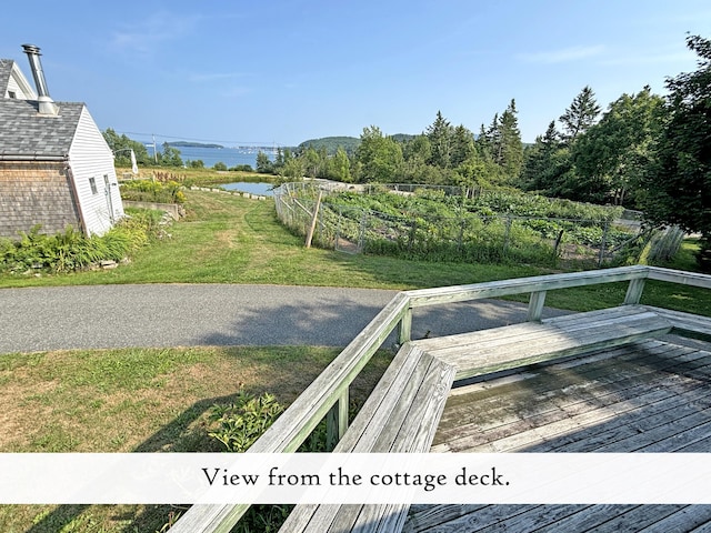 view of yard featuring a deck with water view