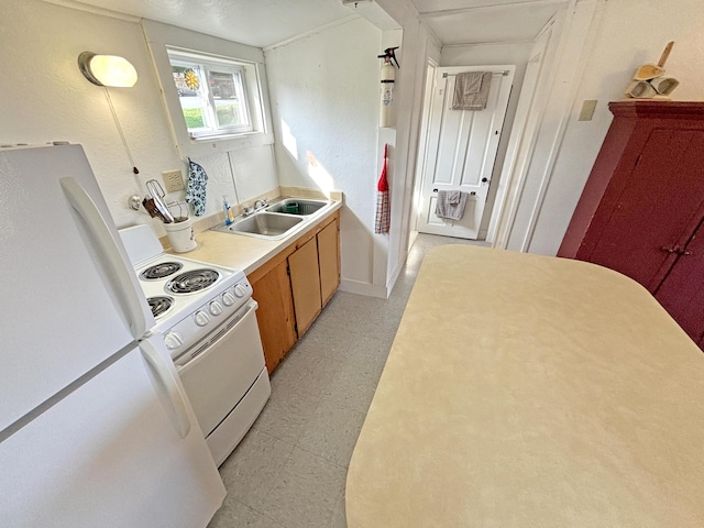 kitchen featuring white appliances, light floors, a sink, and light countertops