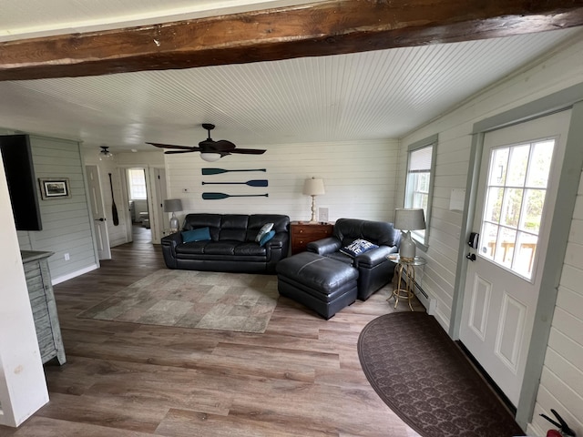 6 Gully Brook Ln, Orland, ME 04472 - living room featuring wooden walls, plenty of natural light, wood finished floors, a baseboard radiator, and beamed ceiling