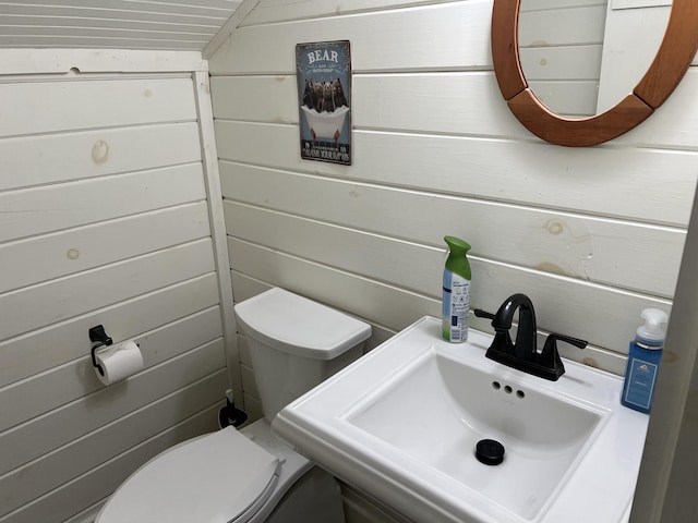 6 Gully Brook Ln, Orland, ME 04472 - bathroom featuring a sink, toilet, and wood walls