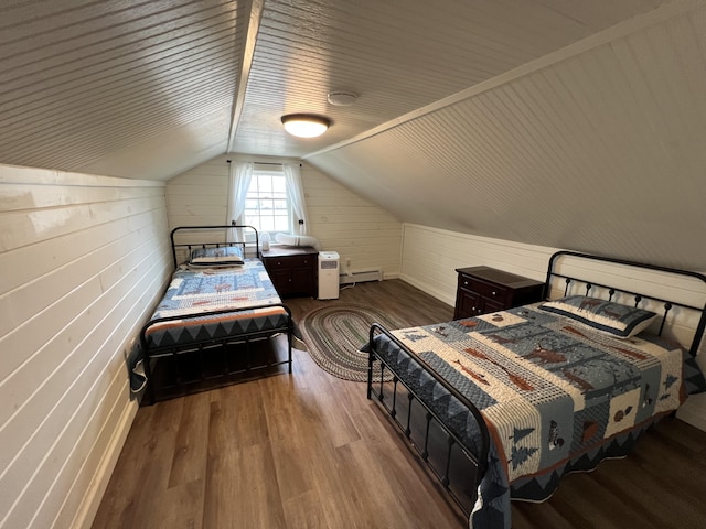6 Gully Brook Ln, Orland, ME 04472 - bedroom featuring a baseboard radiator, wood finished floors, wood walls, and vaulted ceiling