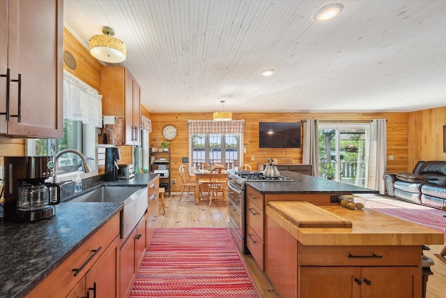 32 Whites Pond Rd, Palmyra, ME 04965 - kitchen with double oven range, light wood-type flooring, plenty of natural light, wooden walls, and a sink