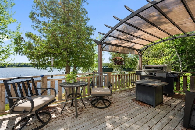 32 Whites Pond Rd, Palmyra, ME 04965 - wooden terrace featuring a pergola and a water view