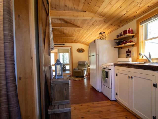 kitchen with wooden ceiling, white appliances, a sink, white cabinets, and healthy amount of natural light