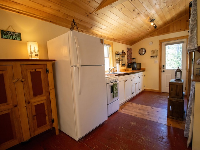 kitchen with white appliances, vaulted ceiling, wooden ceiling, white cabinetry, and dark wood finished floors