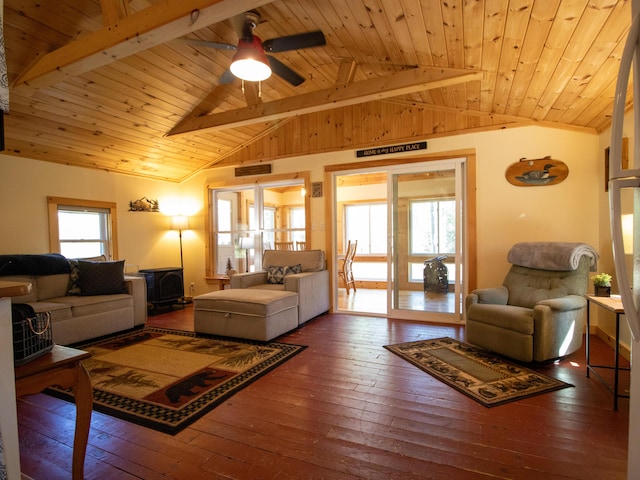 living area with hardwood / wood-style floors, wood ceiling, and ceiling fan