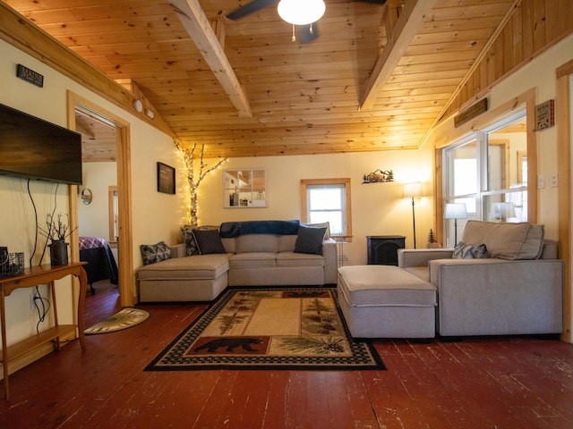 living room featuring hardwood / wood-style flooring and wooden ceiling
