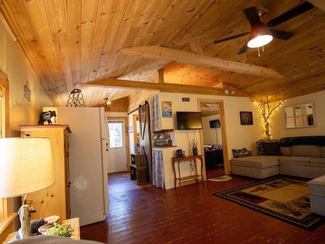 living room with wooden ceiling, hardwood / wood-style flooring, and a ceiling fan