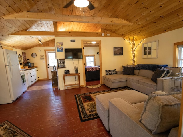 living area featuring wooden ceiling, a ceiling fan, dark wood-style flooring, and baseboards