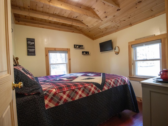 bedroom featuring wooden ceiling, multiple windows, and wood finished floors