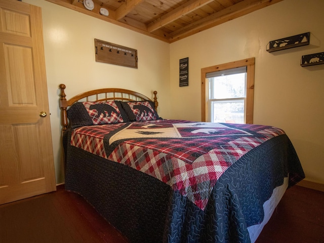 bedroom featuring wooden ceiling, beamed ceiling, and wood finished floors