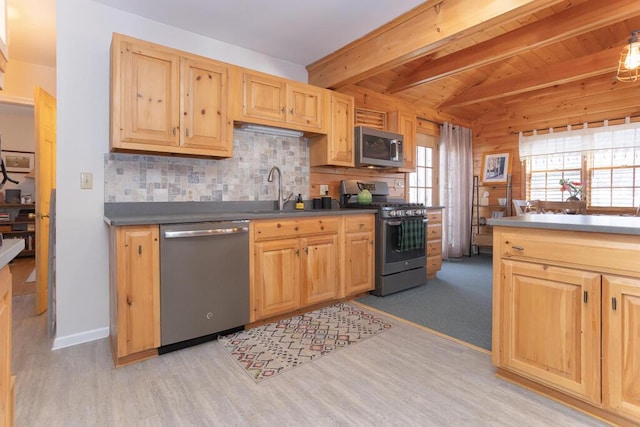 107 Elm St, Farmington, ME 04938 - kitchen featuring light wood-type flooring, decorative backsplash, appliances with stainless steel finishes, and a sink