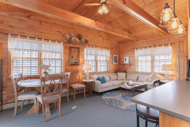 107 Elm St, Farmington, ME 04938 - carpeted living area featuring a wealth of natural light, wood ceiling, wood walls, and a ceiling fan