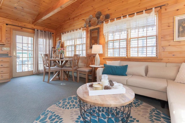 107 Elm St, Farmington, ME 04938 - carpeted living area featuring wooden ceiling, wood walls, baseboard heating, and vaulted ceiling with beams
