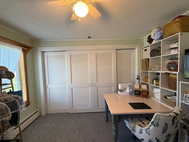 412 N Lubec Rd, Lubec, ME 04652 - office area with crown molding, a baseboard radiator, carpet flooring, and a ceiling fan