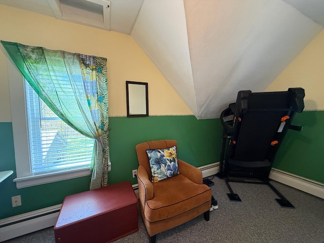 412 N Lubec Rd, Lubec, ME 04652 - sitting room featuring baseboard heating, vaulted ceiling, and carpet flooring