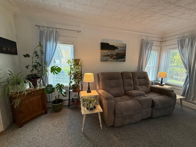 412 N Lubec Rd, Lubec, ME 04652 - carpeted living area with plenty of natural light, an ornate ceiling, and ornamental molding