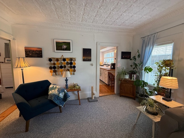 412 N Lubec Rd, Lubec, ME 04652 - sitting room featuring an ornate ceiling, healthy amount of natural light, ornamental molding, and carpet flooring