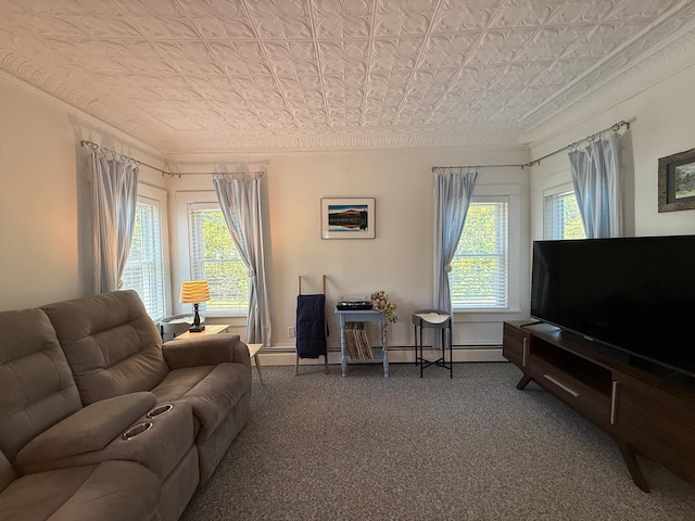 412 N Lubec Rd, Lubec, ME 04652 - carpeted living room featuring an ornate ceiling and plenty of natural light