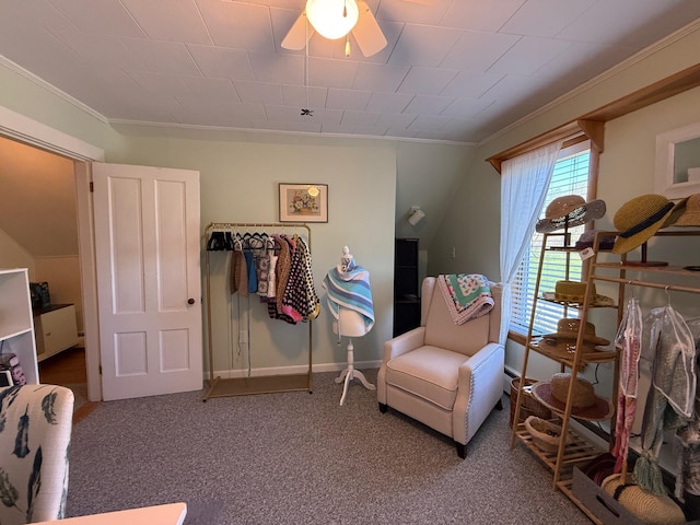 412 N Lubec Rd, Lubec, ME 04652 - carpeted bedroom with ornamental molding, baseboards, and a ceiling fan