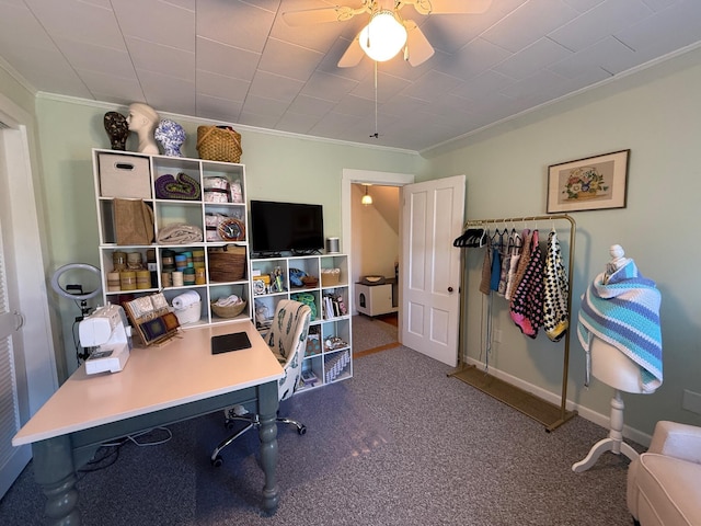412 N Lubec Rd, Lubec, ME 04652 - carpeted home office with crown molding, a ceiling fan, and baseboards