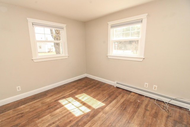unfurnished room with wood finished floors, baseboards, a healthy amount of sunlight, and a baseboard radiator