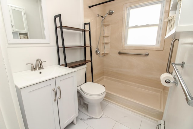 bathroom with toilet, walk in shower, marble finish floor, and vanity