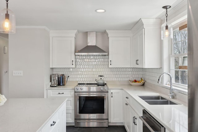 kitchen with a sink, dishwashing machine, electric stove, decorative backsplash, and wall chimney exhaust hood