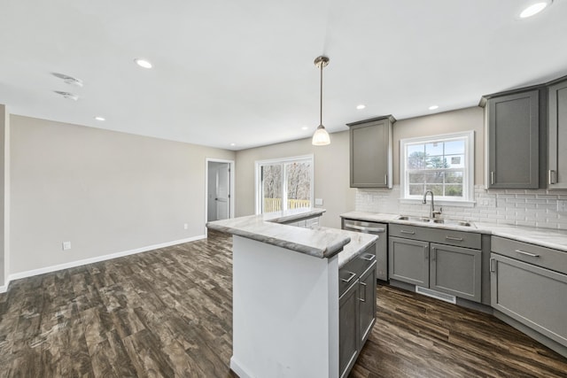 255 Cushing Rd, Cushing, ME 04863 - kitchen with a sink, gray cabinets, dishwasher, plenty of natural light, and recessed lighting