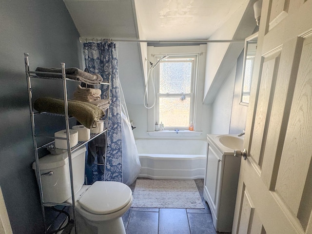 6 Hudson St, Bangor, ME 04401 - bathroom featuring toilet, a bathing tub, tile patterned floors, curtained shower, and vanity