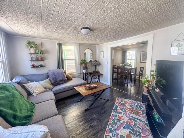 6 Hudson St, Bangor, ME 04401 - living room featuring dark wood-style floors, ornamental molding, and an ornate ceiling