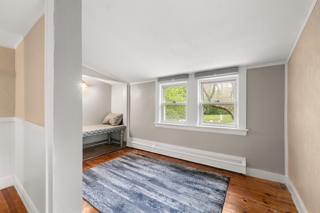 8 Organug Rd, York, ME 03909 - bedroom with a baseboard radiator, hardwood / wood-style floors, and lofted ceiling