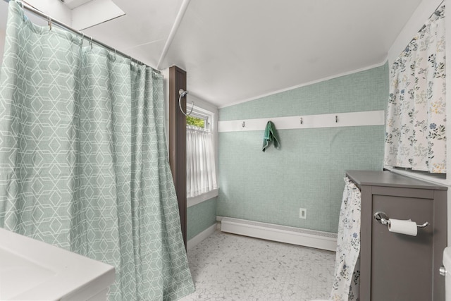 8 Organug Rd, York, ME 03909 - full bath featuring a baseboard radiator, vanity, baseboards, toilet, and lofted ceiling