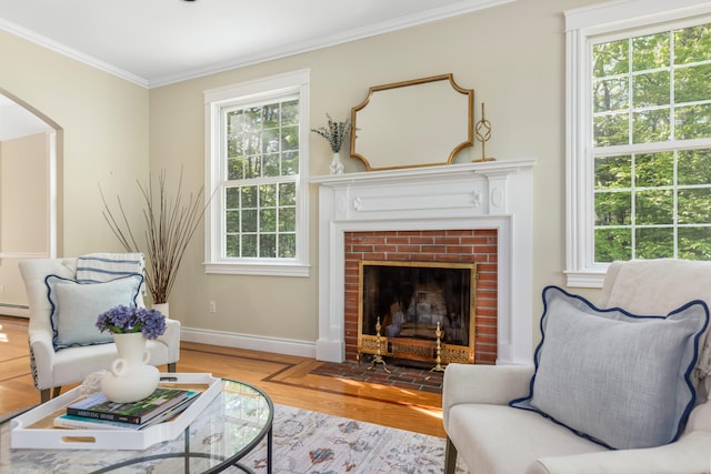 148 Hunter Way, Falmouth, ME 04105 - living room featuring wood finished floors, crown molding, healthy amount of natural light, baseboards, and baseboard heating