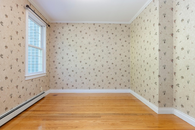 148 Hunter Way, Falmouth, ME 04105 - unfurnished room with a baseboard radiator, light wood-style floors, wallpapered walls, baseboards, and ornamental molding