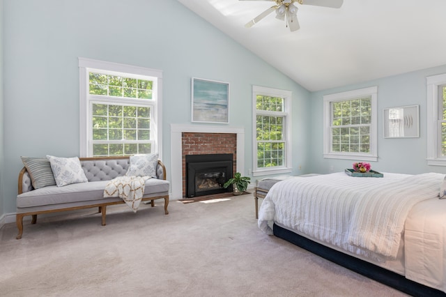 148 Hunter Way, Falmouth, ME 04105 - carpeted bedroom featuring a fireplace, high vaulted ceiling, and ceiling fan