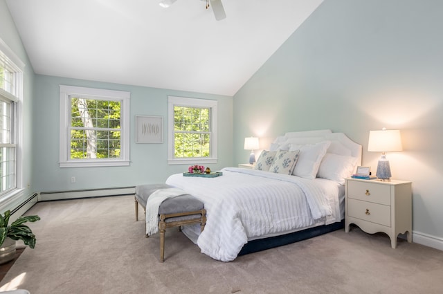 148 Hunter Way, Falmouth, ME 04105 - carpeted bedroom featuring lofted ceiling, multiple windows, baseboards, ceiling fan, and a baseboard heating unit