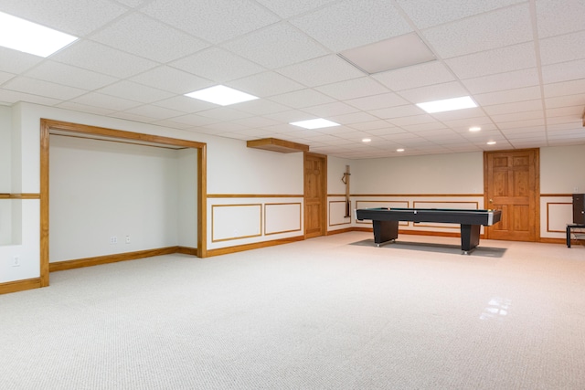 148 Hunter Way, Falmouth, ME 04105 - playroom with light colored carpet, billiards table, recessed lighting, and a drop ceiling