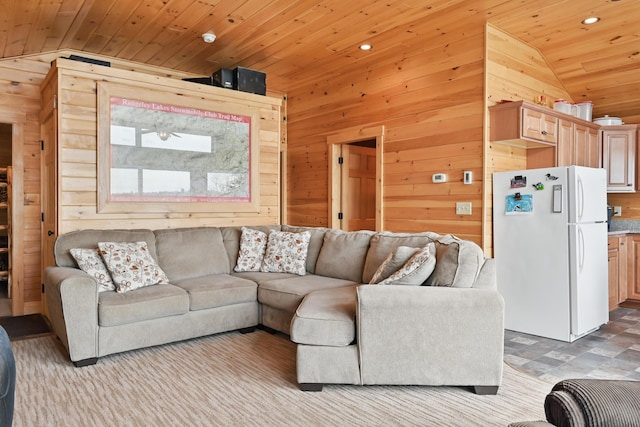 114 Chestnut Ln, Rangeley, ME 04970 - living room with vaulted ceiling, wooden walls, and wood ceiling
