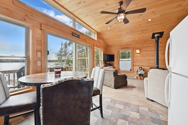 dining space with wooden ceiling, lofted ceiling, a ceiling fan, wooden walls, and stone finish flooring