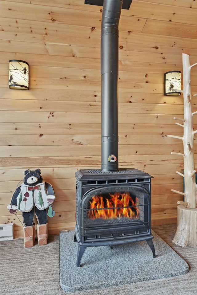 detailed view of a wood stove and wood walls