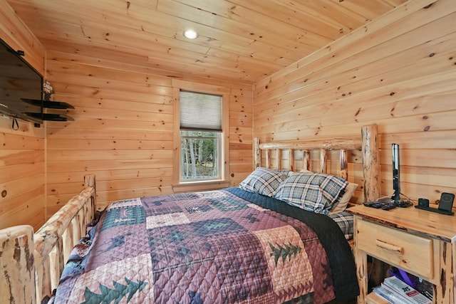 114 Chestnut Ln, Rangeley, ME 04970 - bedroom with wood ceiling, wooden walls, and recessed lighting