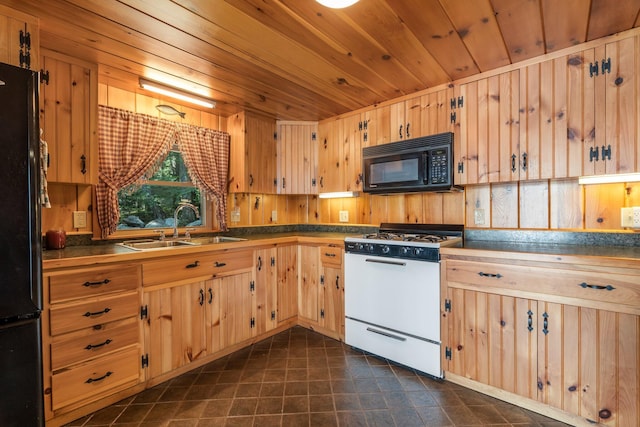 129 Diller Line Rd, Chesterville, ME 04938 - kitchen with black appliances, a sink, dark countertops, wooden ceiling, and light brown cabinets
