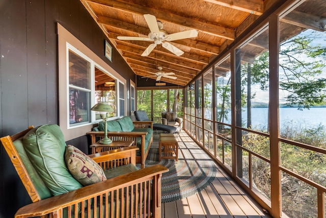 129 Diller Line Rd, Chesterville, ME 04938 - sunroom / solarium featuring a water view, ceiling fan, and plenty of natural light