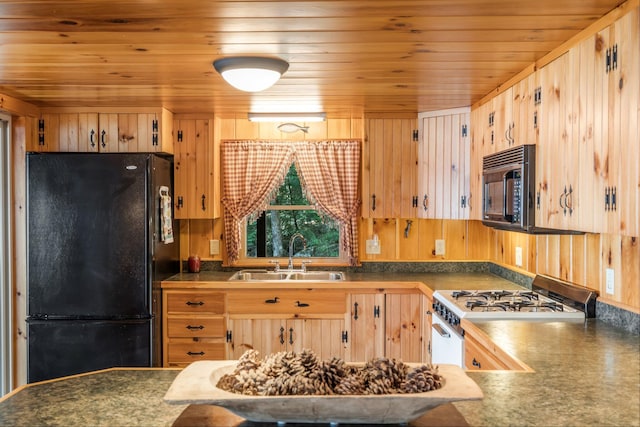 129 Diller Line Rd, Chesterville, ME 04938 - kitchen featuring black appliances, a sink, wood ceiling, dark countertops, and light brown cabinets